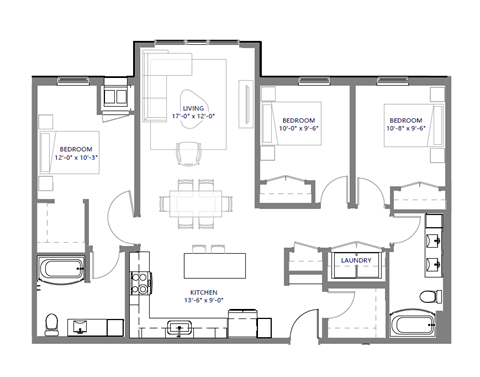 Floor plan for 3 beds, 2 baths, 1189 sqft